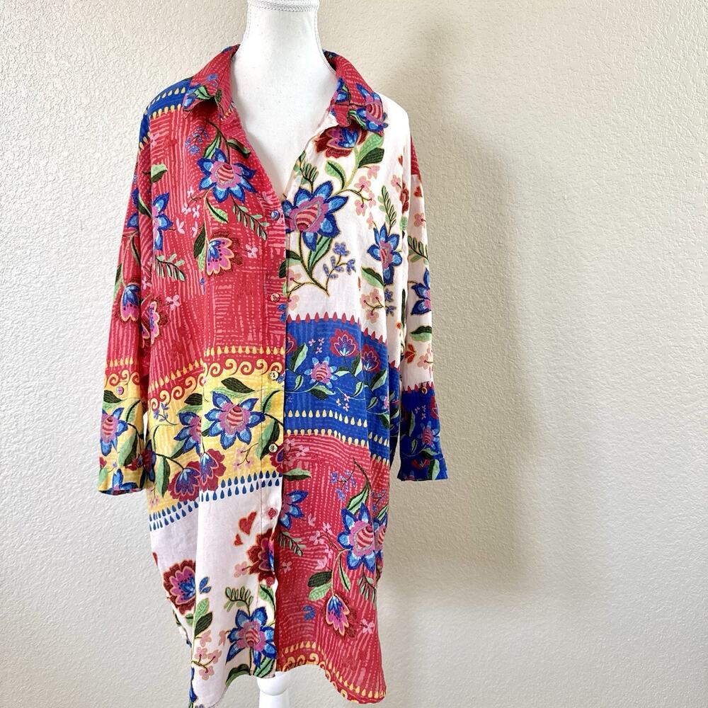 Johnny Was Rumba Shirt Dress 1X Floral Patchwork Cover Up Kaftan Boho Tunic Top